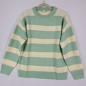 NEW Sew In Love Lucky Strike Sage Green Ivory Striped Round Neck Sweater Sz S